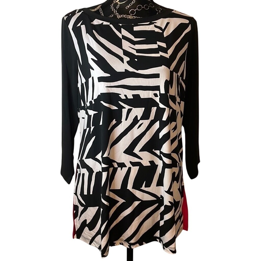 Susan Graver‎ Women Pink Black White Abstract Geometric 3/4 Sleeve Tunic Top M